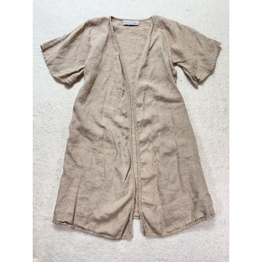 Love And Confuse Small 100% Linen Cream Tan Long Line Duster Flare Sleeve
